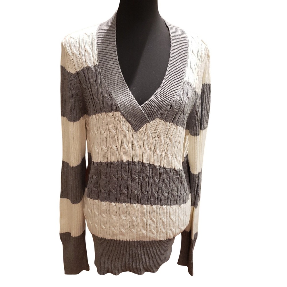 Faded Glory Cotton Cable Knit Striped V‎ Neck Sweater XL 16 18